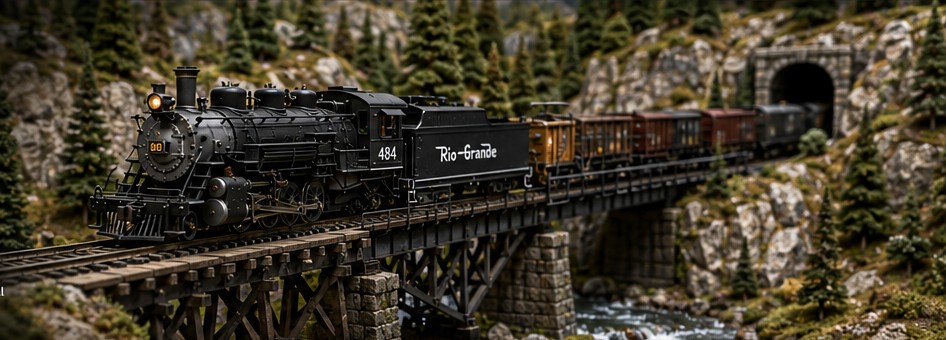 Detailed model railroad steam locomotive crossing a mountain trestle